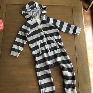 Dark grey, light grey striped hooded jumpsuit